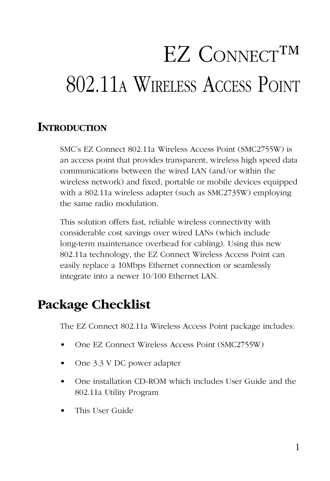 SMC Networks SMC2755W manual EZ Connect 802.11A Wireless Access Point, Package Checklist 