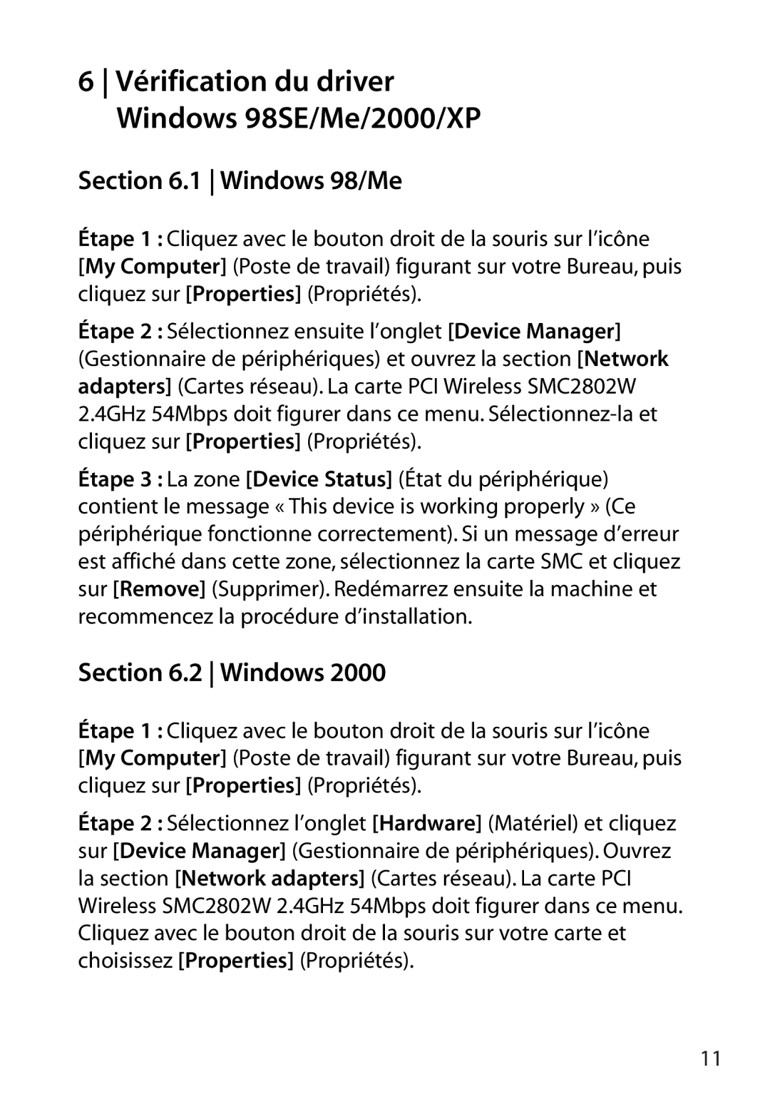 SMC Networks SMC2802W manual Vérification du driver Windows 98SE/Me/2000/XP, Windows 98/Me 