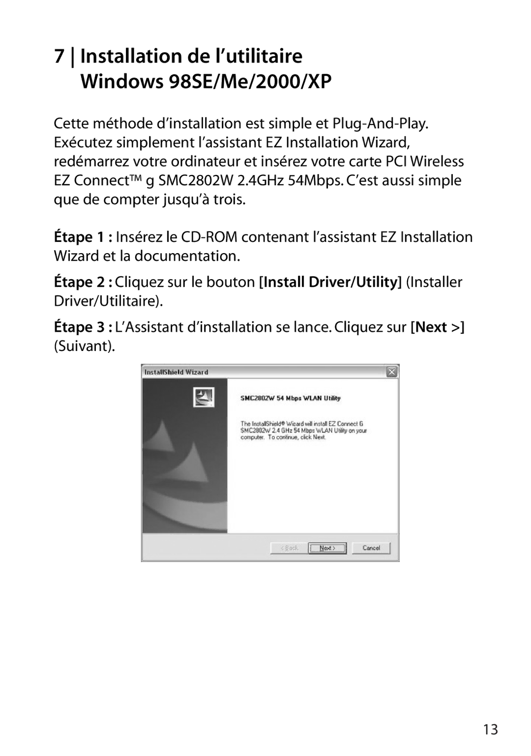 SMC Networks SMC2802W manual Installation de l’utilitaire Windows 98SE/Me/2000/XP 