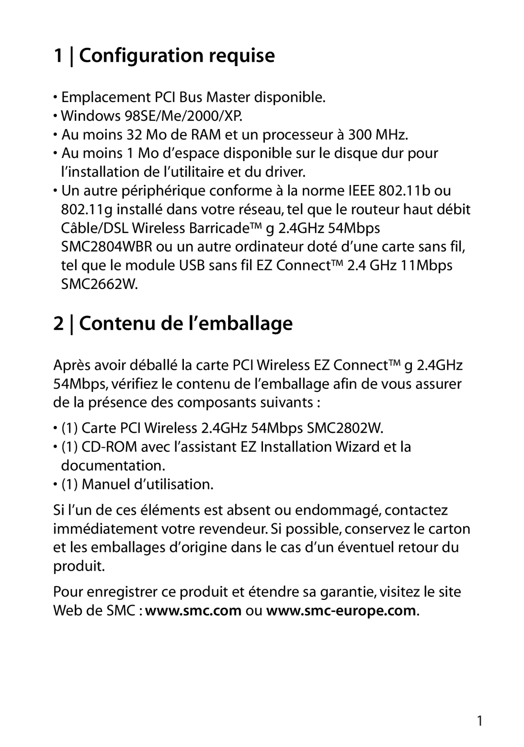 SMC Networks SMC2802W manual Configuration requise, Contenu de l’emballage 