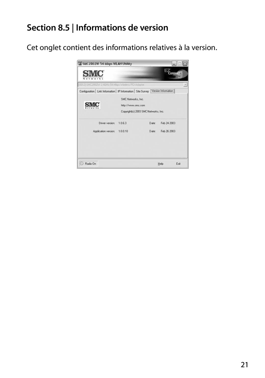SMC Networks SMC2802W manual Informations de version, Cet onglet contient des informations relatives à la version 