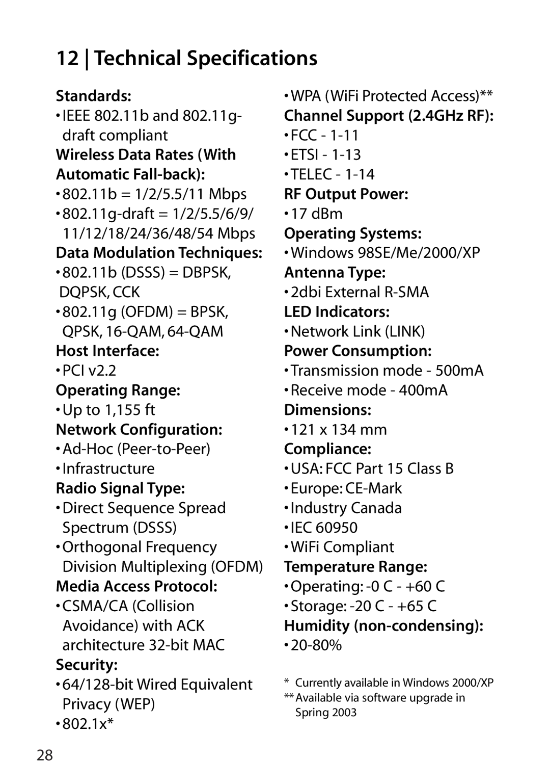 SMC Networks SMC2802W manual Technical Specifications, FCC Etsi Telec RF Output Power DBm Operating Systems 