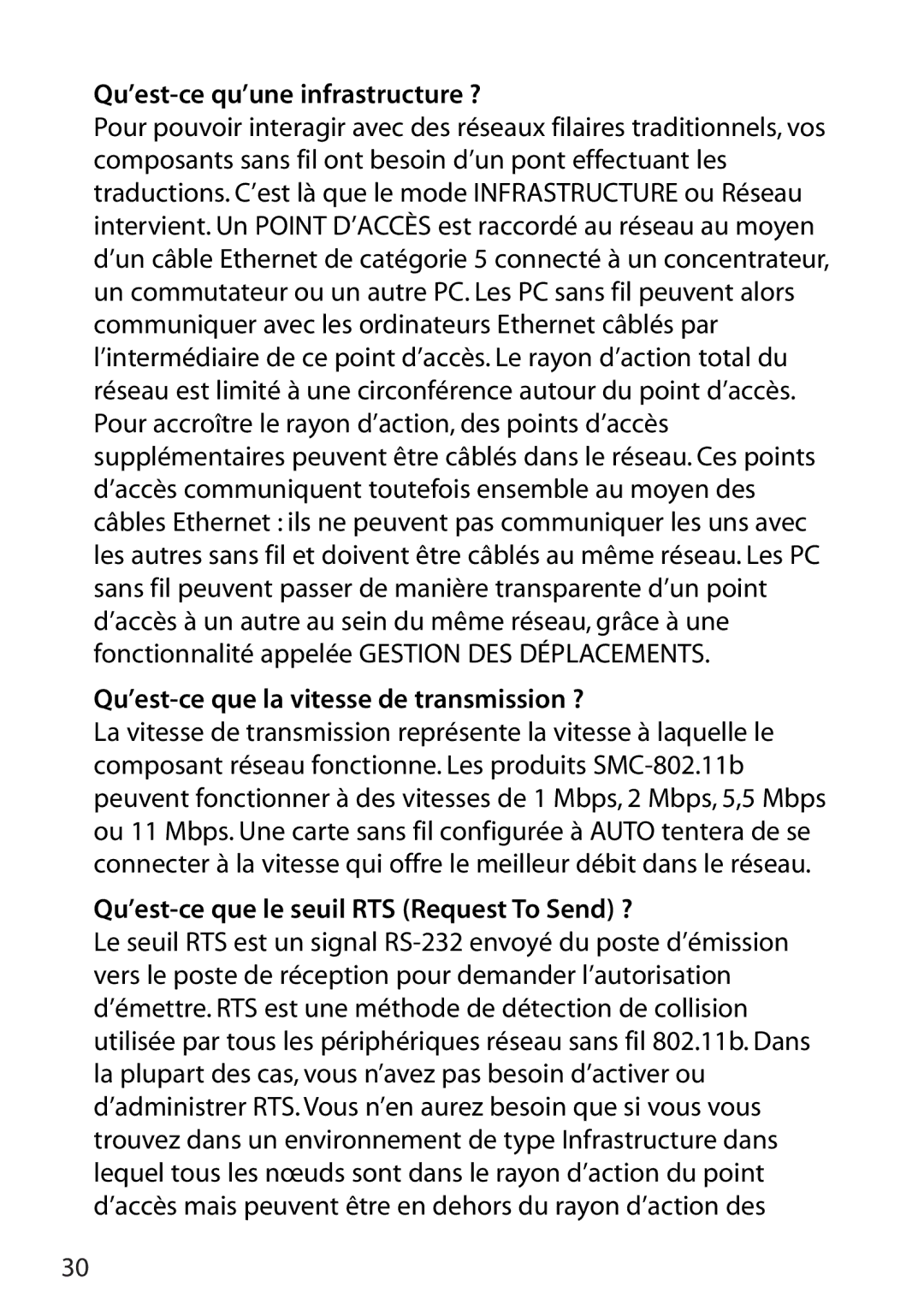 SMC Networks SMC2802W manual Qu’est-ce qu’une infrastructure ?, Qu’est-ce que la vitesse de transmission ? 