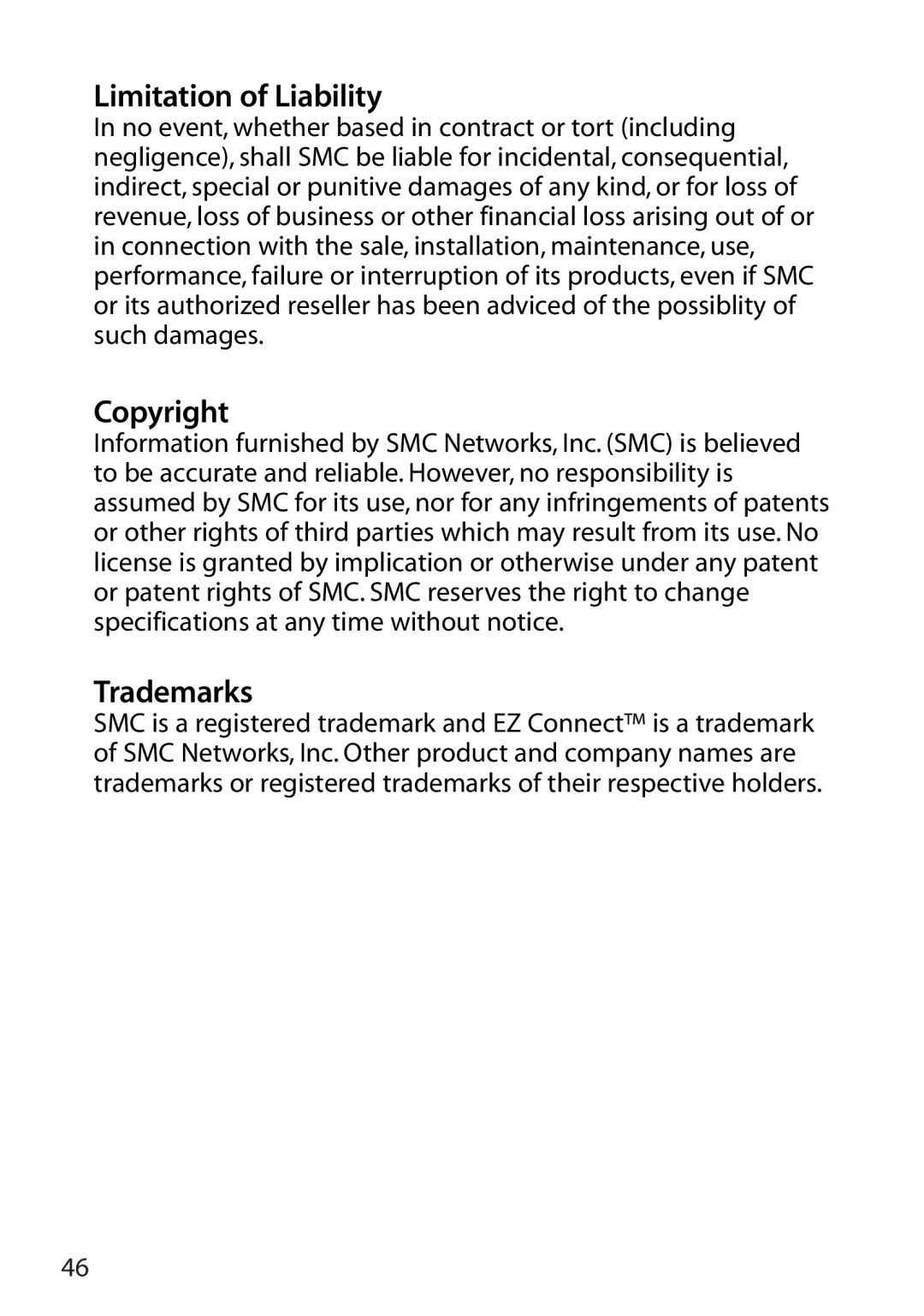 SMC Networks SMC2802W manual Limitation of Liability, Copyright, Trademarks 
