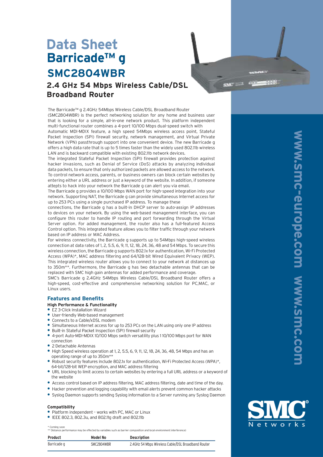 SMC Networks SMC2804WBR manual High Performance & Functionality, Compatibility, Product Model No Description Barricade g 