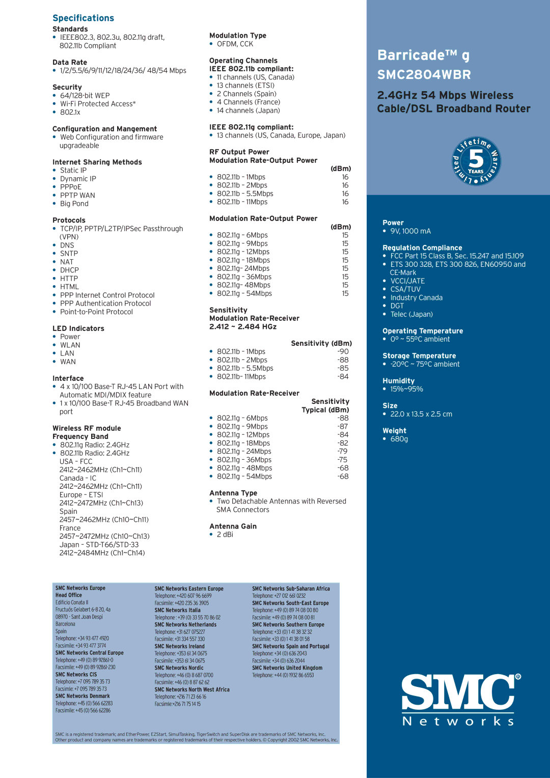 SMC Networks SMC2804WBR Standards, Data Rate, Security, Conﬁguration and Mangement, Internet Sharing Methods, Protocols 