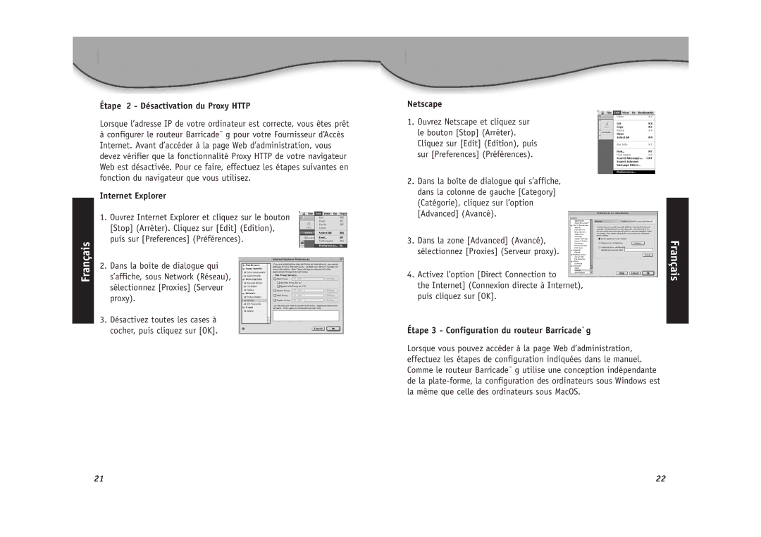 SMC Networks SMC2804WBR Étape 2 Désactivation du Proxy Http, Étape 3 Configuration du routeur Barricade g 