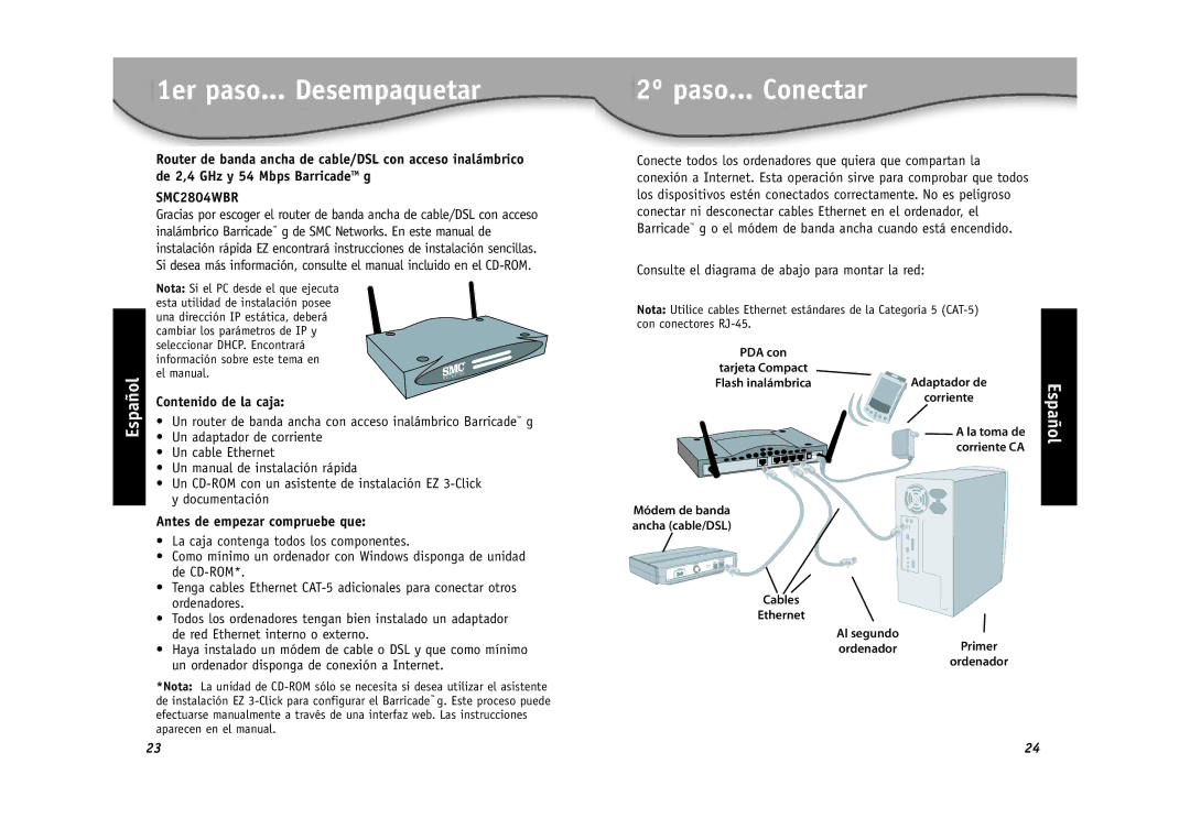 SMC Networks SMC2804WBR installation manual Desempaquetar, 2º paso... Conectar, De 2,4 GHz y 54 Mbps BarricadeTM g 