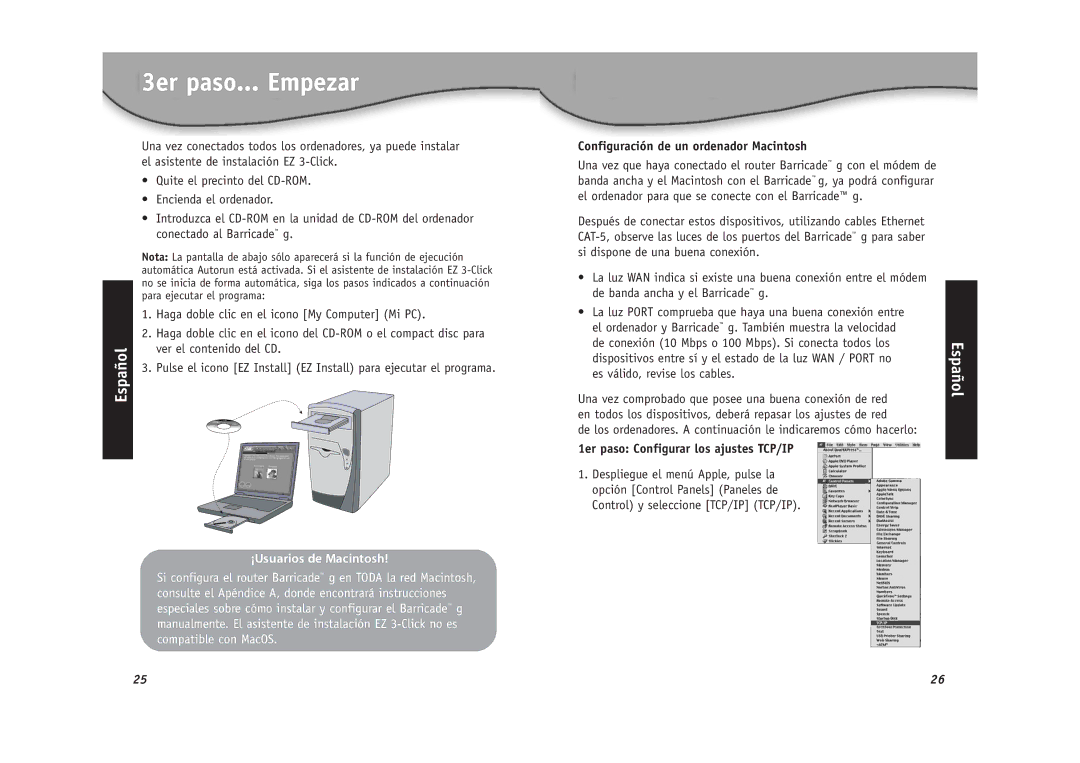 SMC Networks SMC2804WBR installation manual 3er paso... Empezar, Español, Configuración de un ordenador Macintosh 