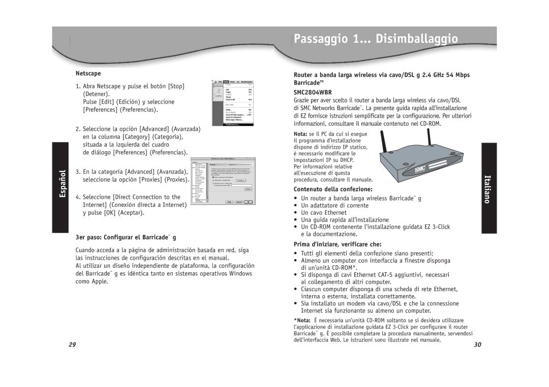 SMC Networks SMC2804WBR Passaggio 1... Disimballaggio, 3er paso Configurar el Barricade g, Contenuto della confezione 