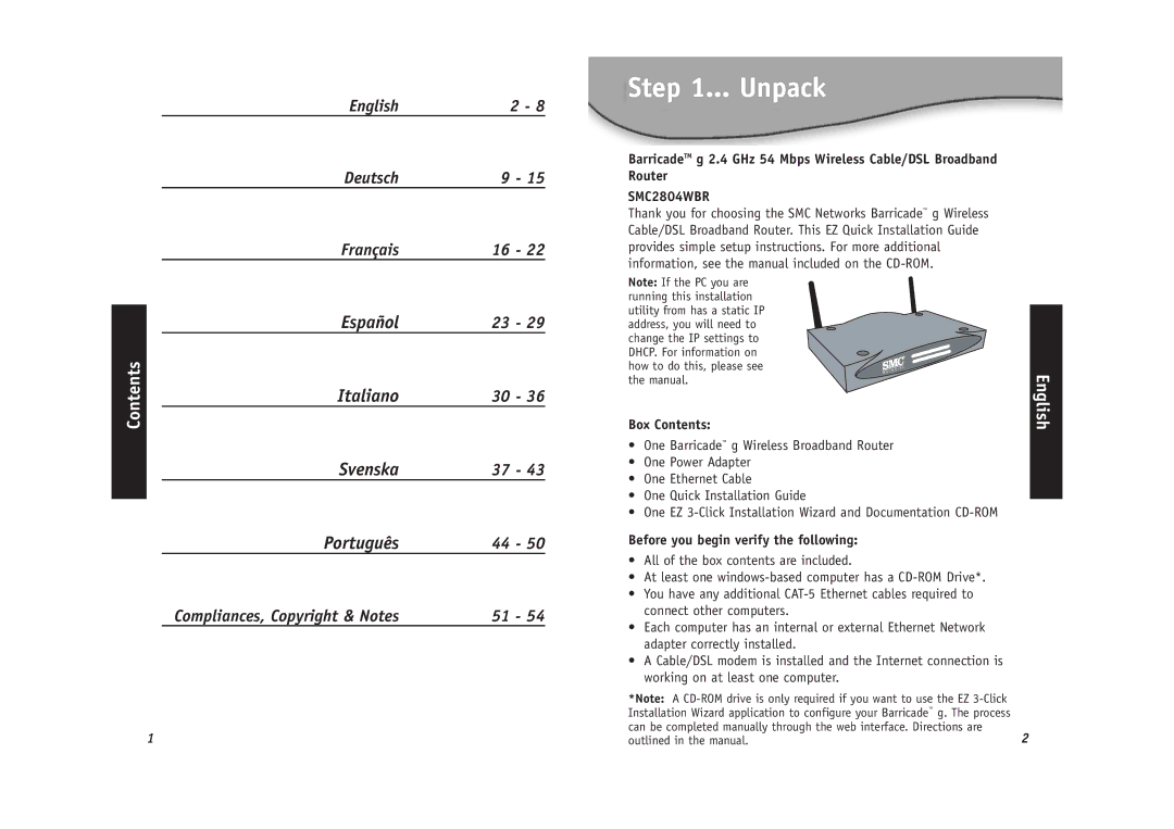 SMC Networks SMC2804WBR installation manual Unpack, Box Contents, Before you begin verify the following 