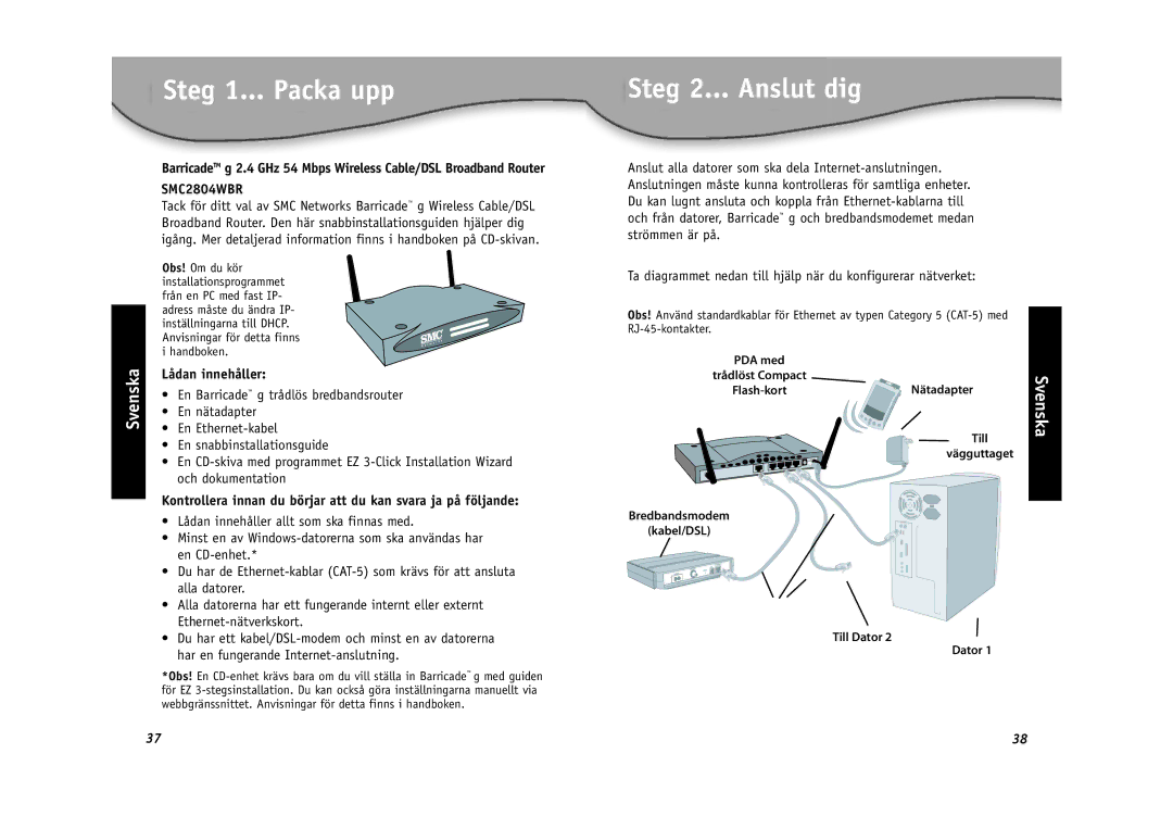 SMC Networks SMC2804WBR installation manual Steg 1... Packa upp, Steg 2... Anslut dig, Lådan innehåller 