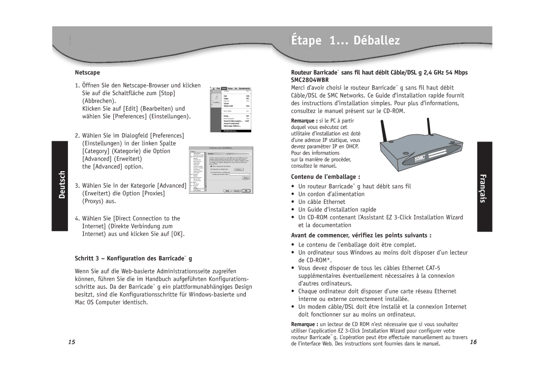 SMC Networks SMC2804WBR Étape 1… Déballez, Schritt 3 Konfiguration des Barricade g, Contenu de l’emballage 