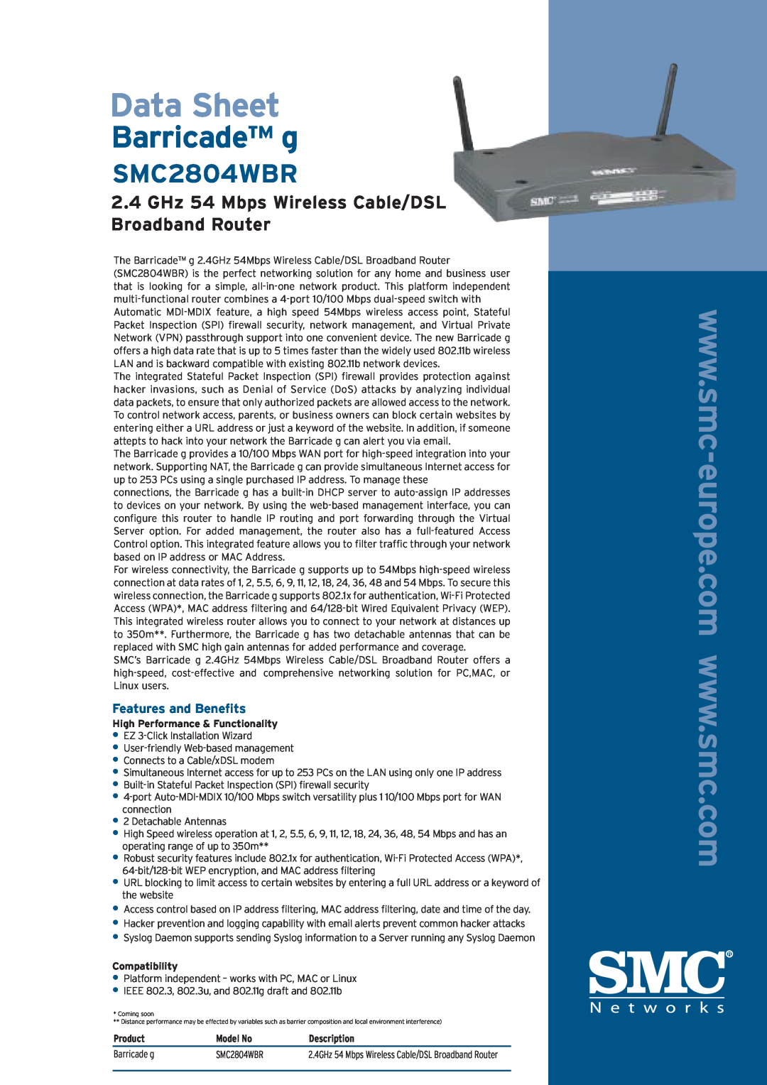SMC Networks SMC2804WBR manual Features and Beneﬁts, Data Sheet, Barricade g 