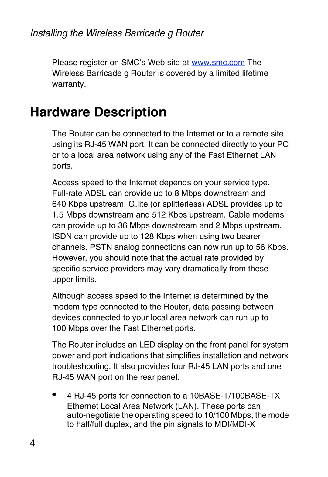 SMC Networks SMC2804WBR38 manual Hardware Description 