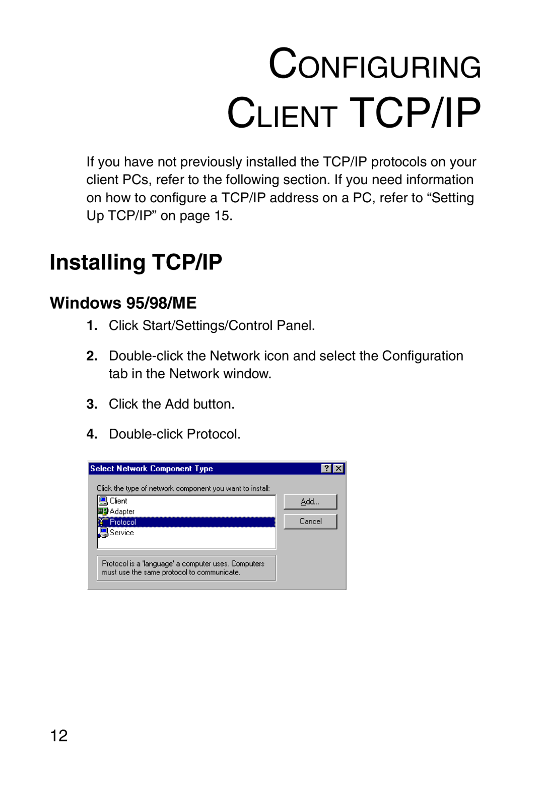 SMC Networks SMC2804WBR38 manual Installing TCP/IP, Windows 95/98/ME 