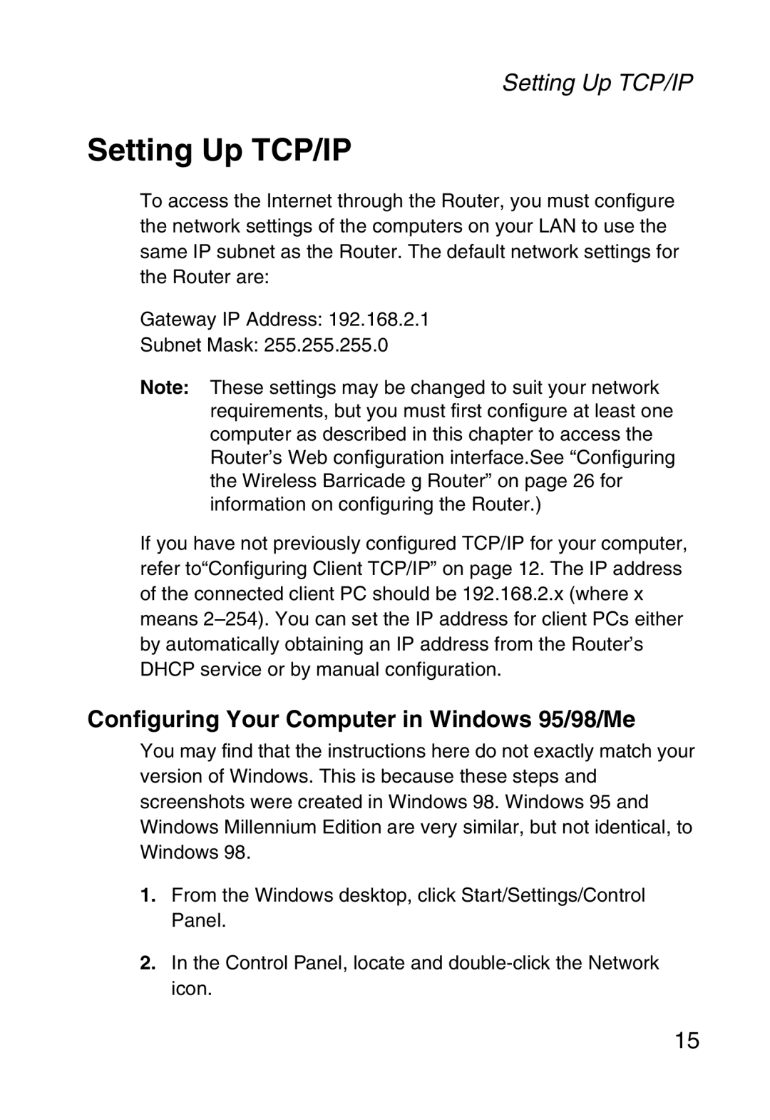 SMC Networks SMC2804WBR38 manual Setting Up TCP/IP, Configuring Your Computer in Windows 95/98/Me 