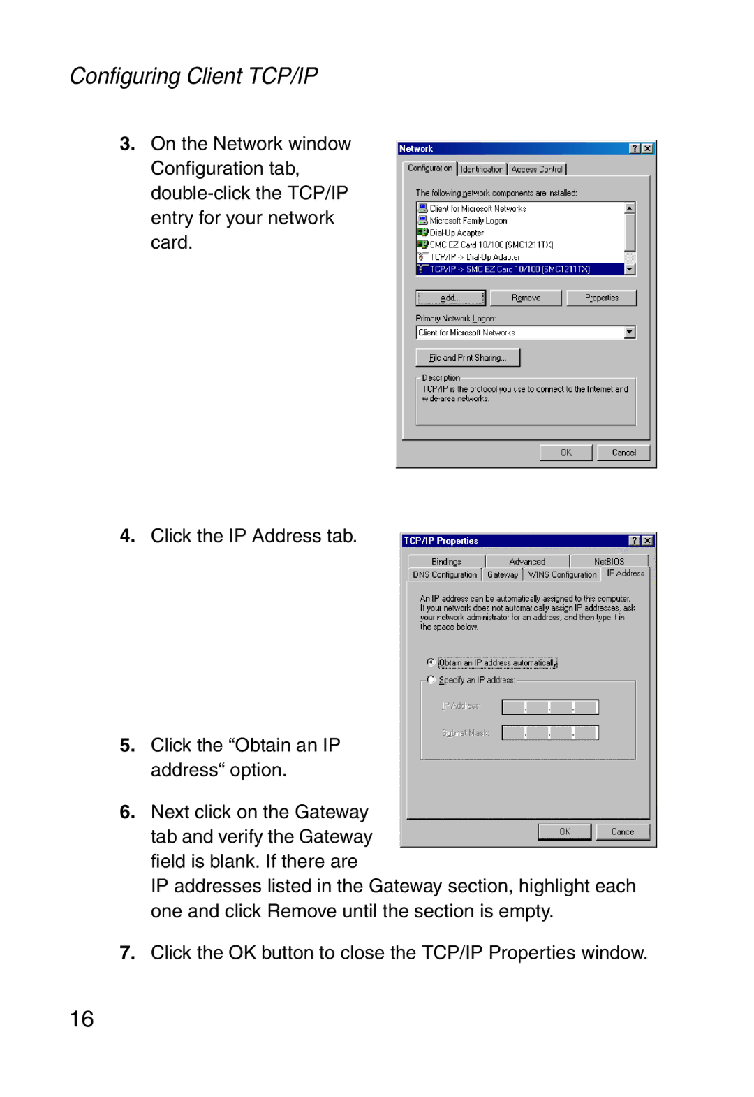 SMC Networks SMC2804WBR38 manual Configuring Client TCP/IP 