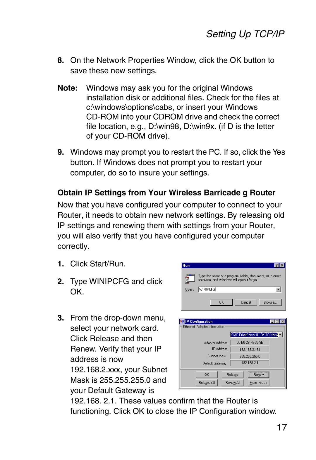 SMC Networks SMC2804WBR38 manual Obtain IP Settings from Your Wireless Barricade g Router 