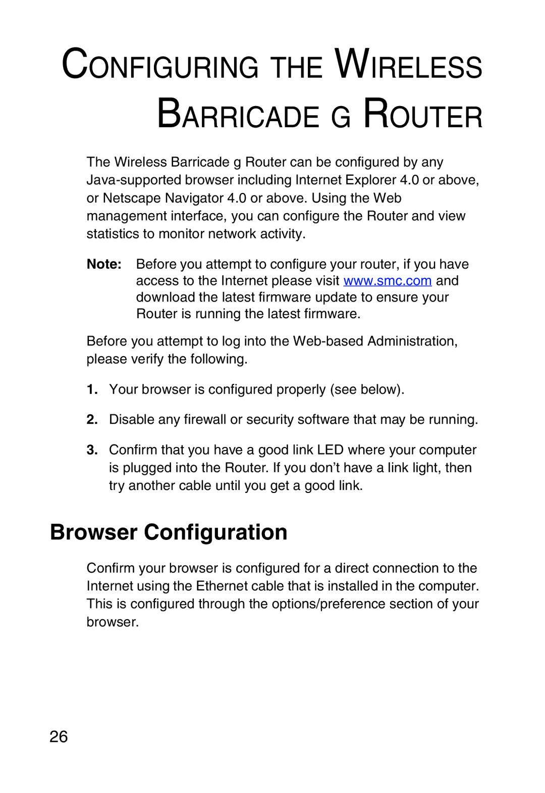 SMC Networks SMC2804WBR38 manual Configuring the Wireless Barricade G Router, Browser Configuration 