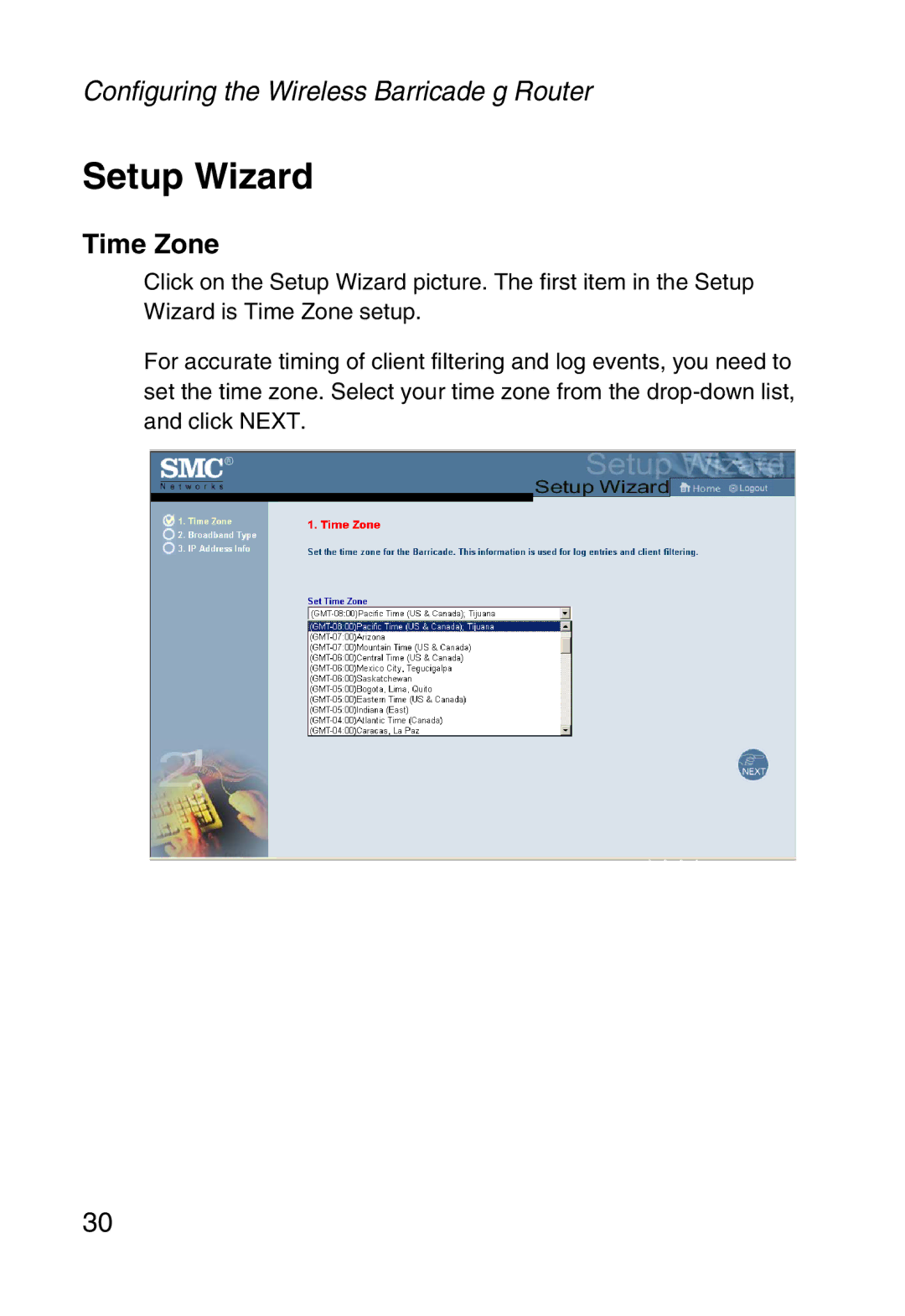 SMC Networks SMC2804WBR38 manual Setup Wizard, Time Zone 