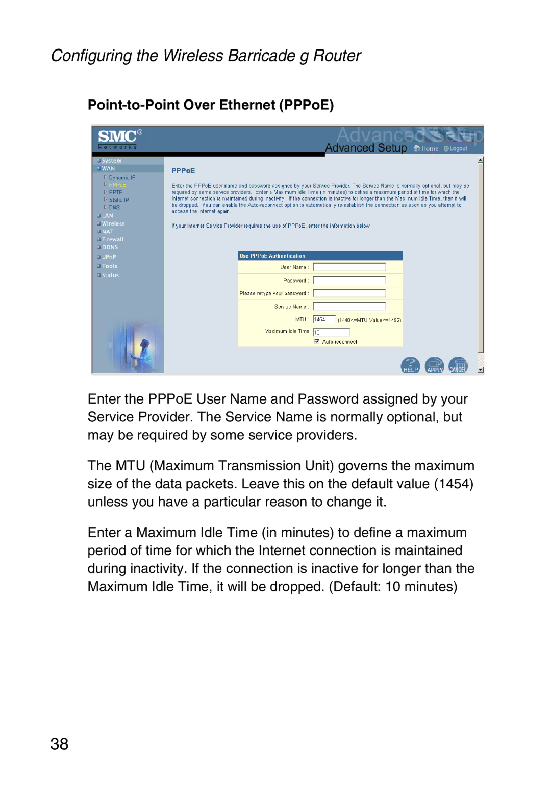 SMC Networks SMC2804WBR38 manual Point-to-Point Over Ethernet PPPoE 