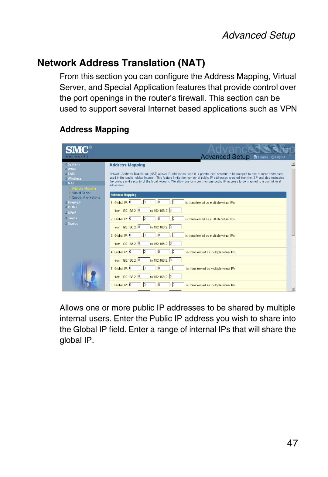 SMC Networks SMC2804WBR38 manual Network Address Translation NAT, Address Mapping 