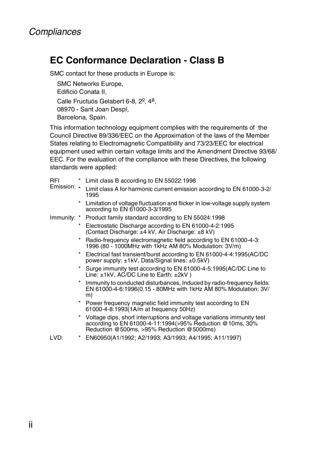 SMC Networks SMC2804WBR38 manual EC Conformance Declaration Class B, Line ±1kV, AC/DC Line to Earth ±2kV 