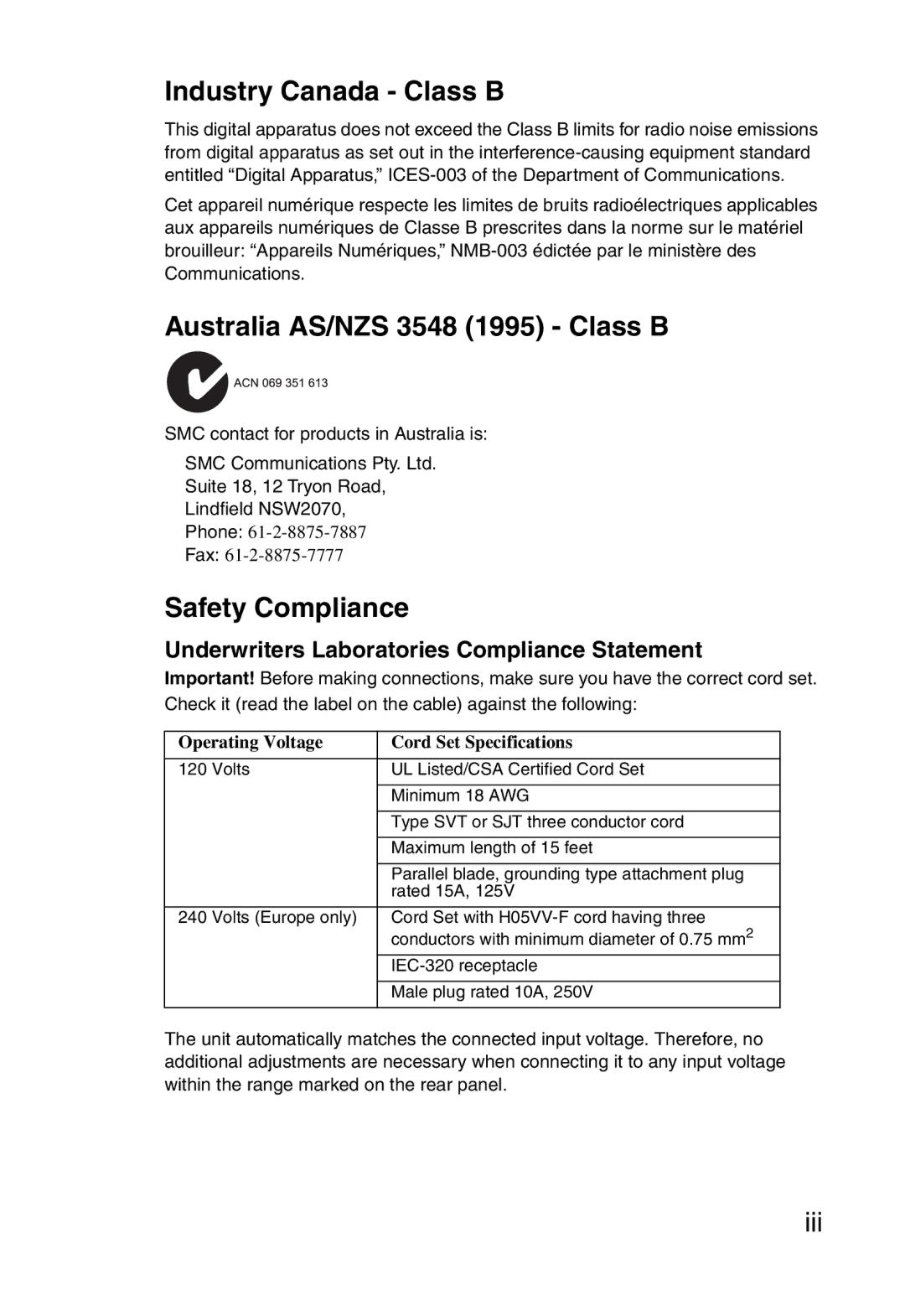 SMC Networks SMC2804WBR38 manual Industry Canada Class B, Australia AS/NZS 3548 1995 Class B, Safety Compliance 