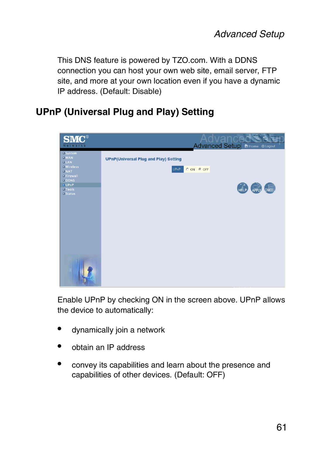 SMC Networks SMC2804WBR38 manual UPnP Universal Plug and Play Setting 