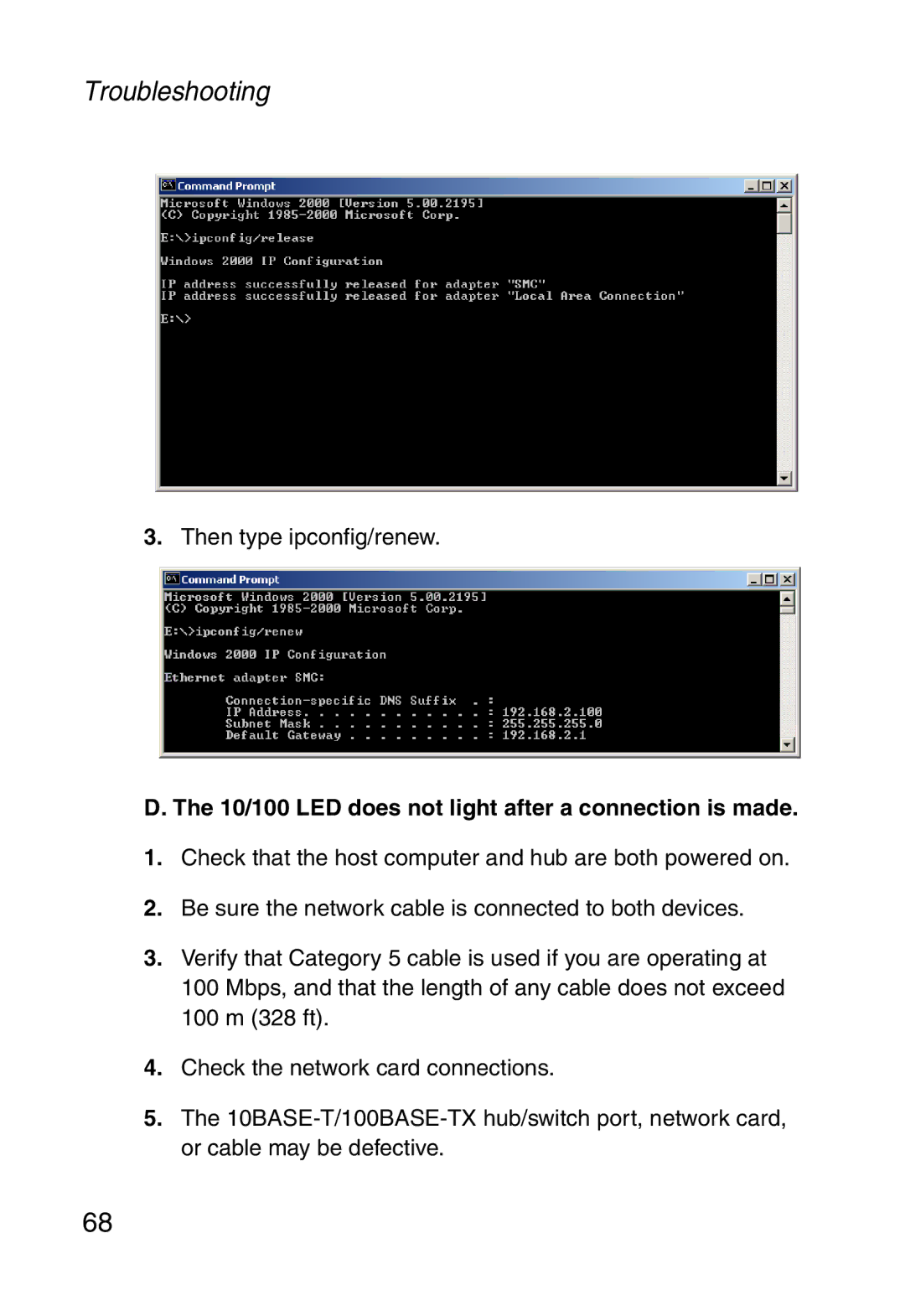 SMC Networks SMC2804WBR38 manual 10/100 LED does not light after a connection is made 