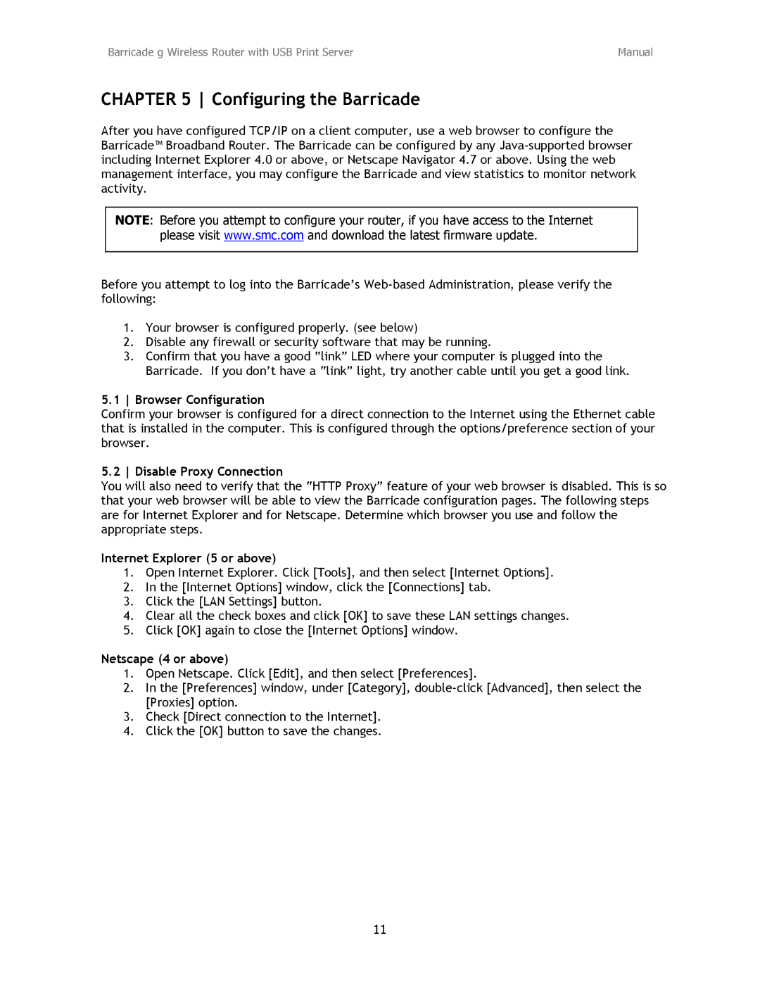 SMC Networks SMC2804WBRP-G Configuring the Barricade, Browser Configuration, Disable Proxy Connection, Netscape 4 or above 