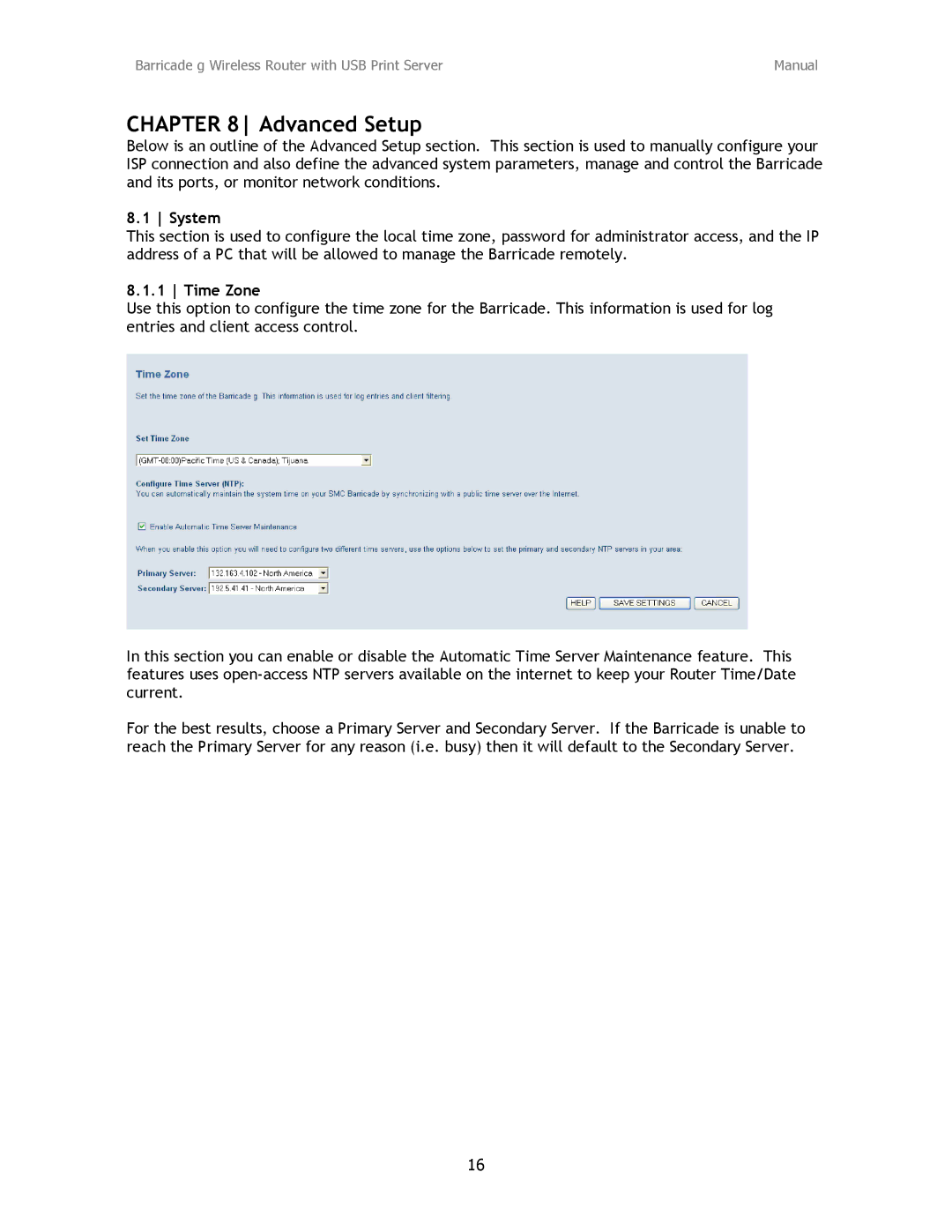 SMC Networks SMC2804WBRP-G manual Advanced Setup, System, Time Zone 