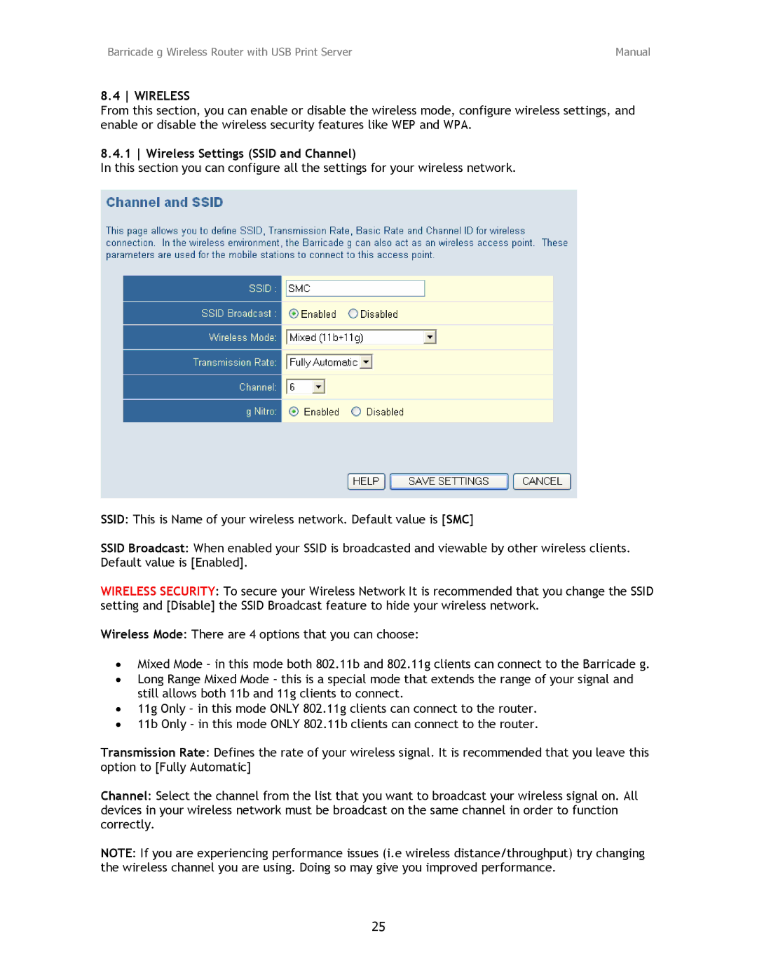 SMC Networks SMC2804WBRP-G manual Wireless Settings Ssid and Channel 