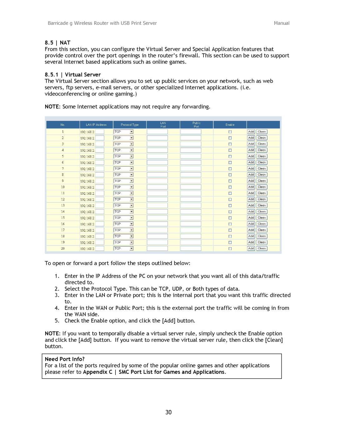 SMC Networks SMC2804WBRP-G manual Nat, Virtual Server, Need Port Info? 