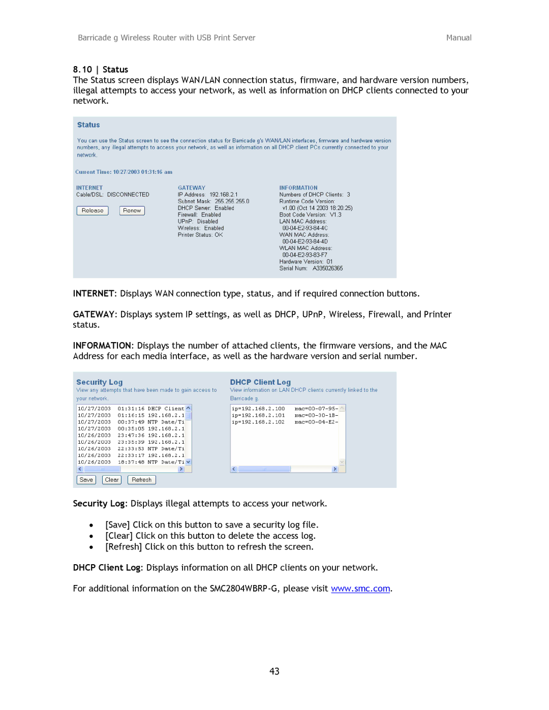 SMC Networks SMC2804WBRP-G manual Status 