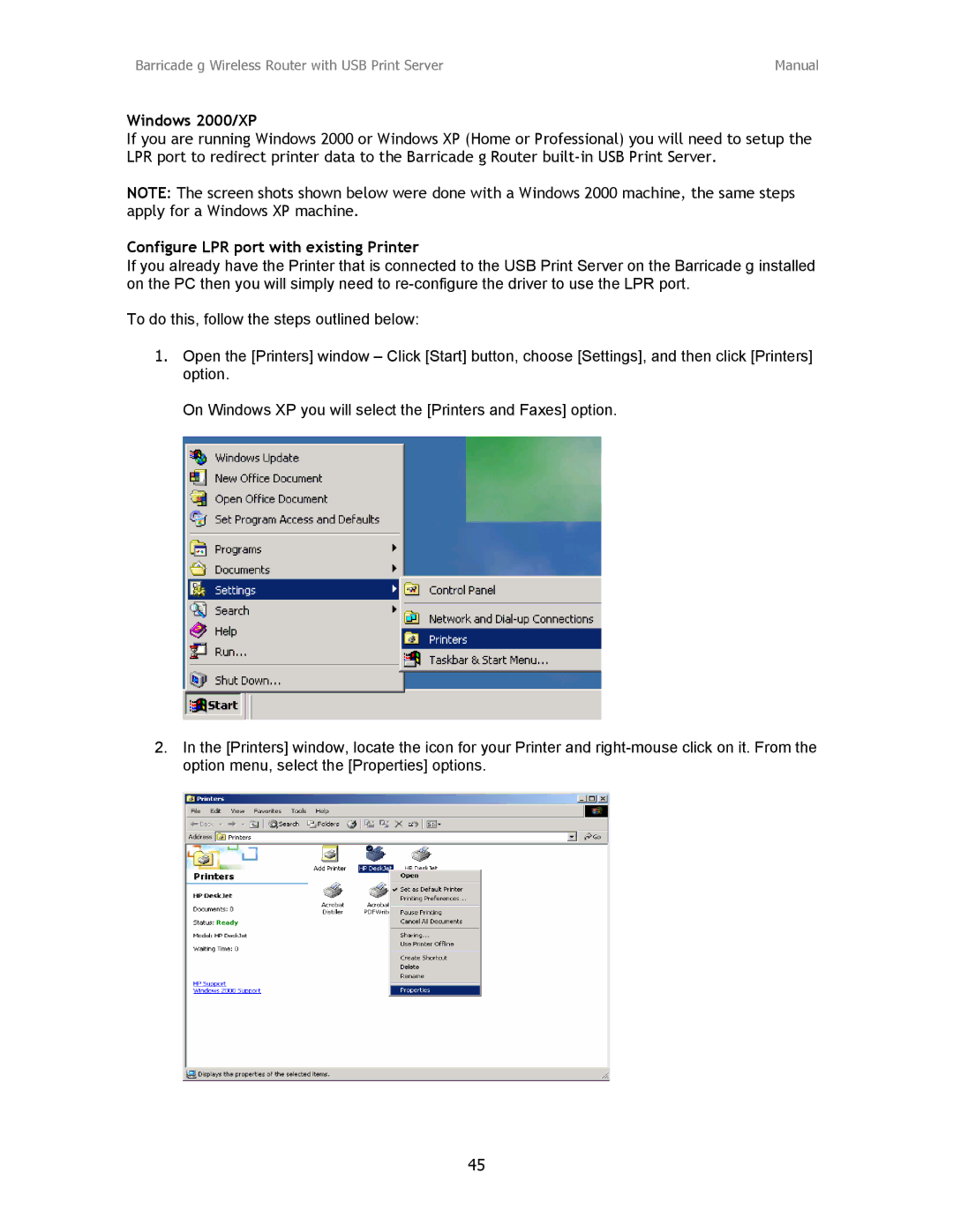 SMC Networks SMC2804WBRP-G manual Windows 2000/XP, Configure LPR port with existing Printer 