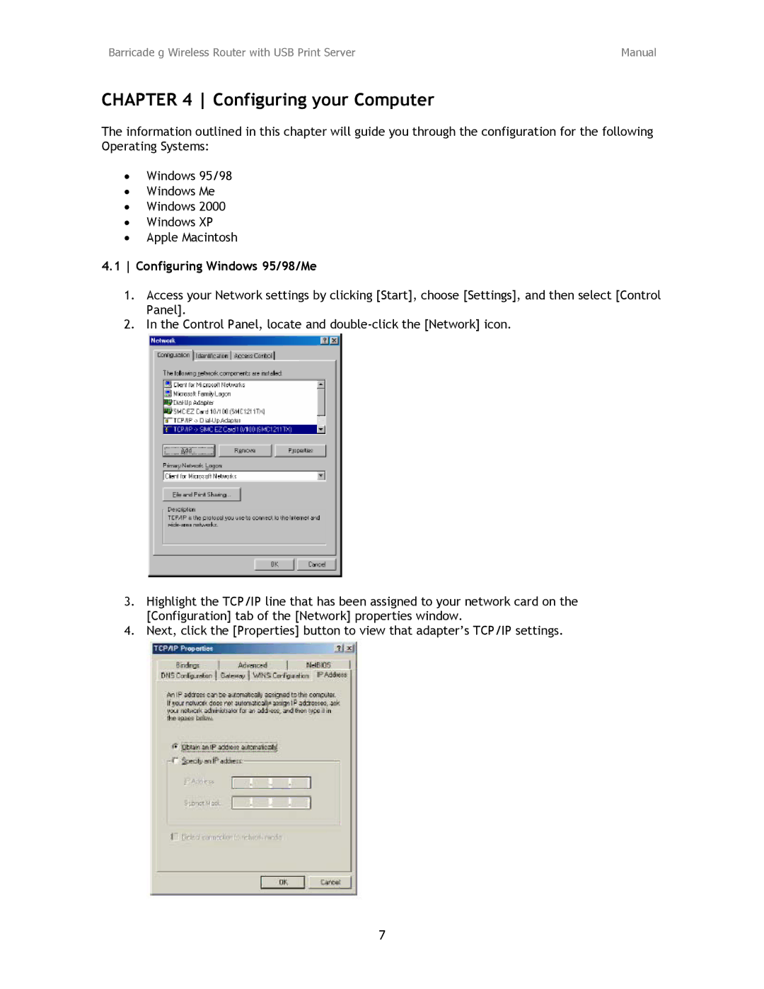 SMC Networks SMC2804WBRP-G manual Configuring your Computer, Configuring Windows 95/98/Me 