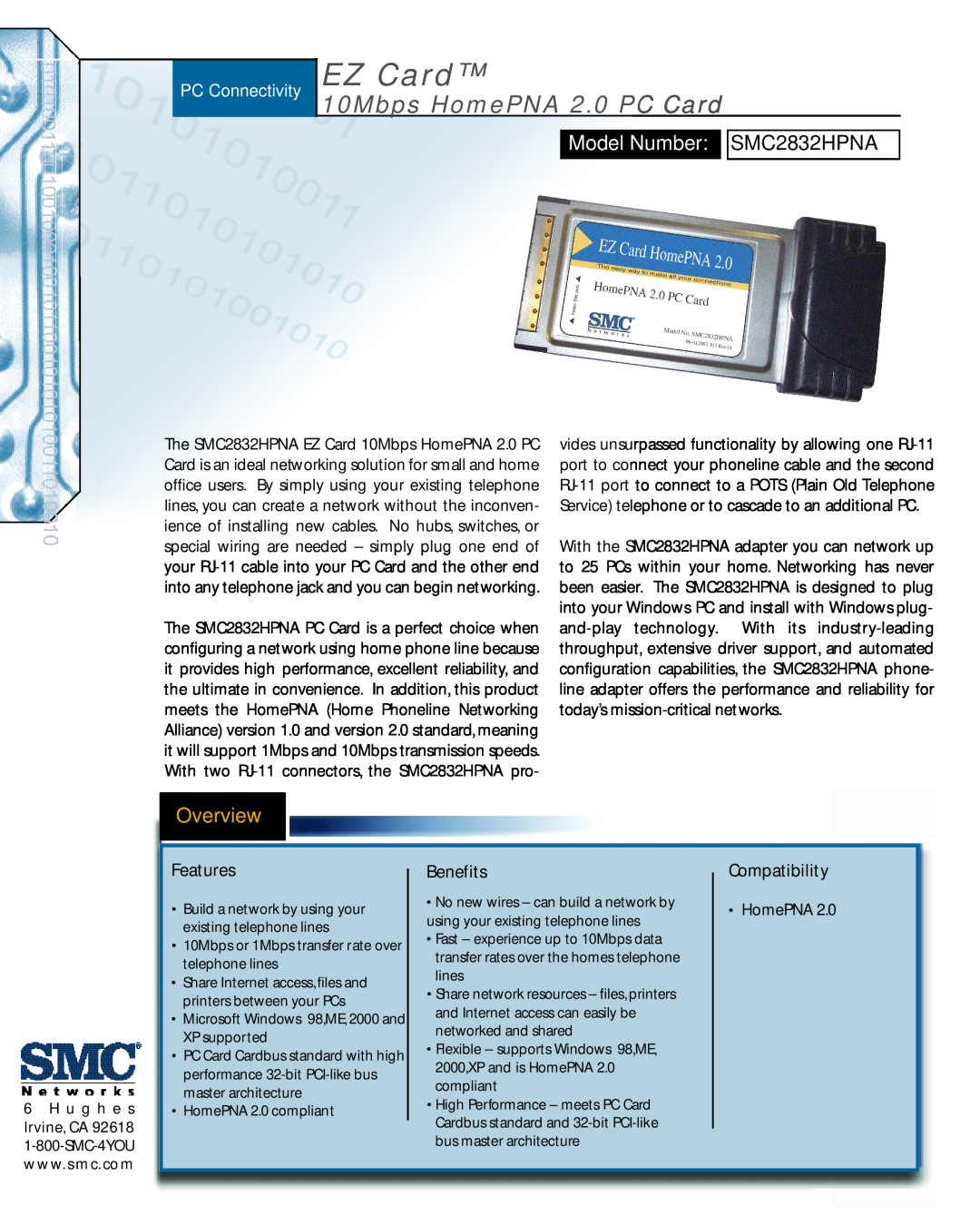 SMC Networks manual EZ Card, 10Mbps HomePNA 2.0 PC Card, PC Connectivity, Model Number SMC2832HPNA, Overview 