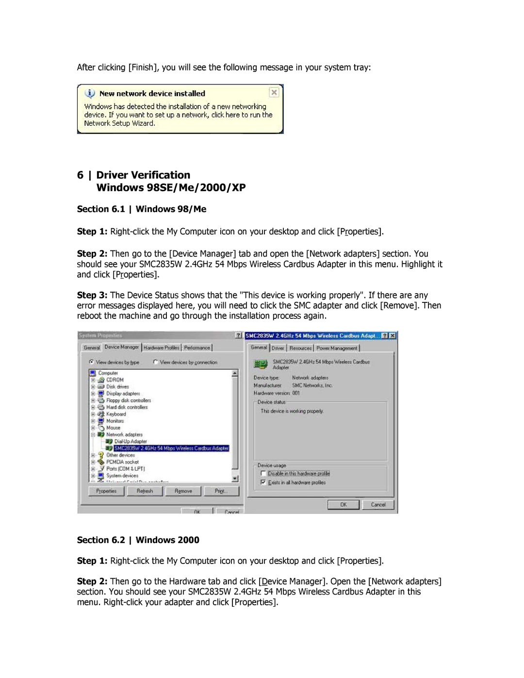 SMC Networks SMC2835W manual Driver Verification Windows 98SE/Me/2000/XP, Windows 98/Me 