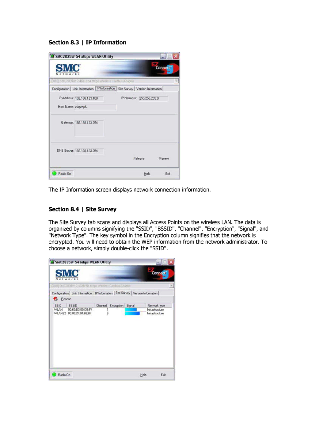 SMC Networks SMC2835W manual IP Information, Site Survey 