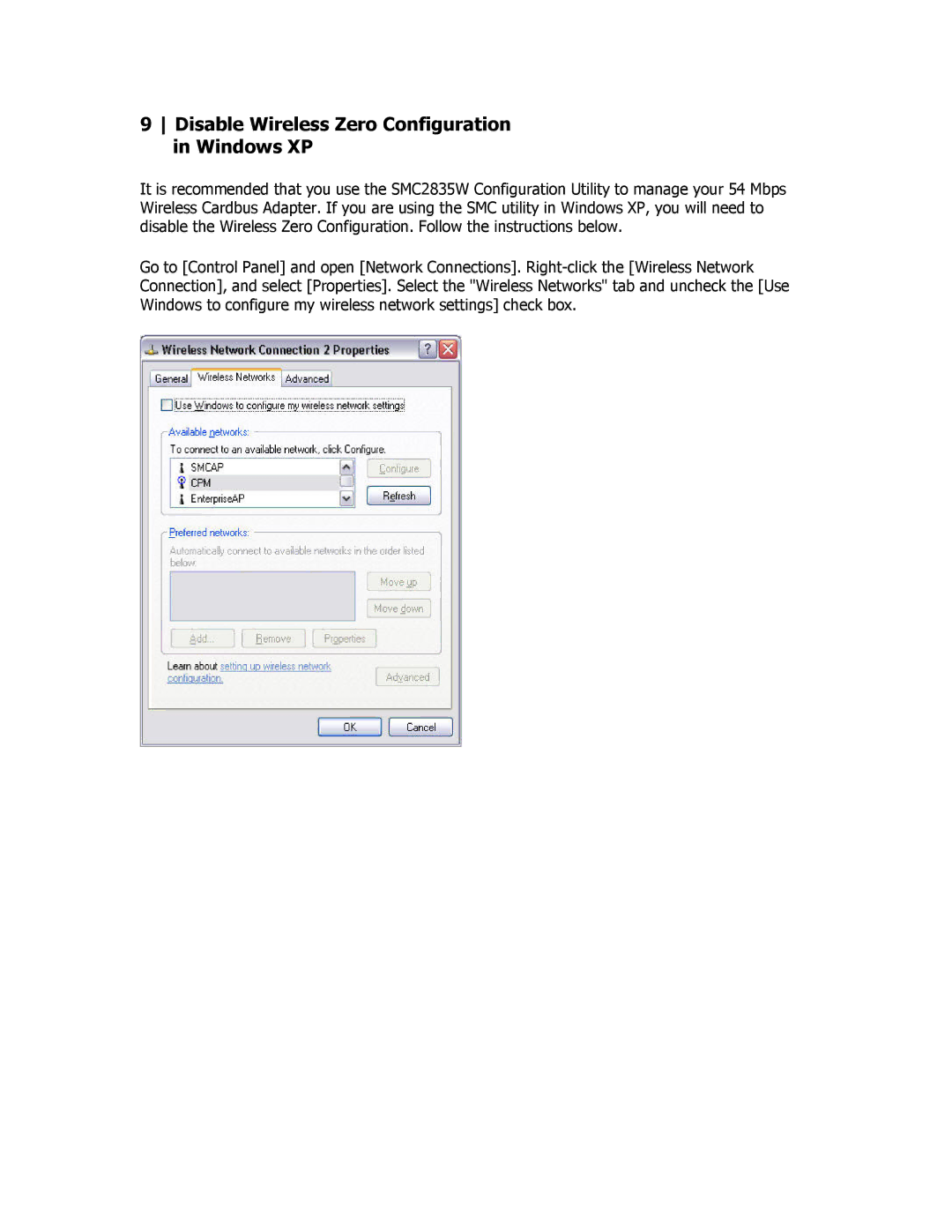 SMC Networks SMC2835W manual Disable Wireless Zero Configuration Windows XP 