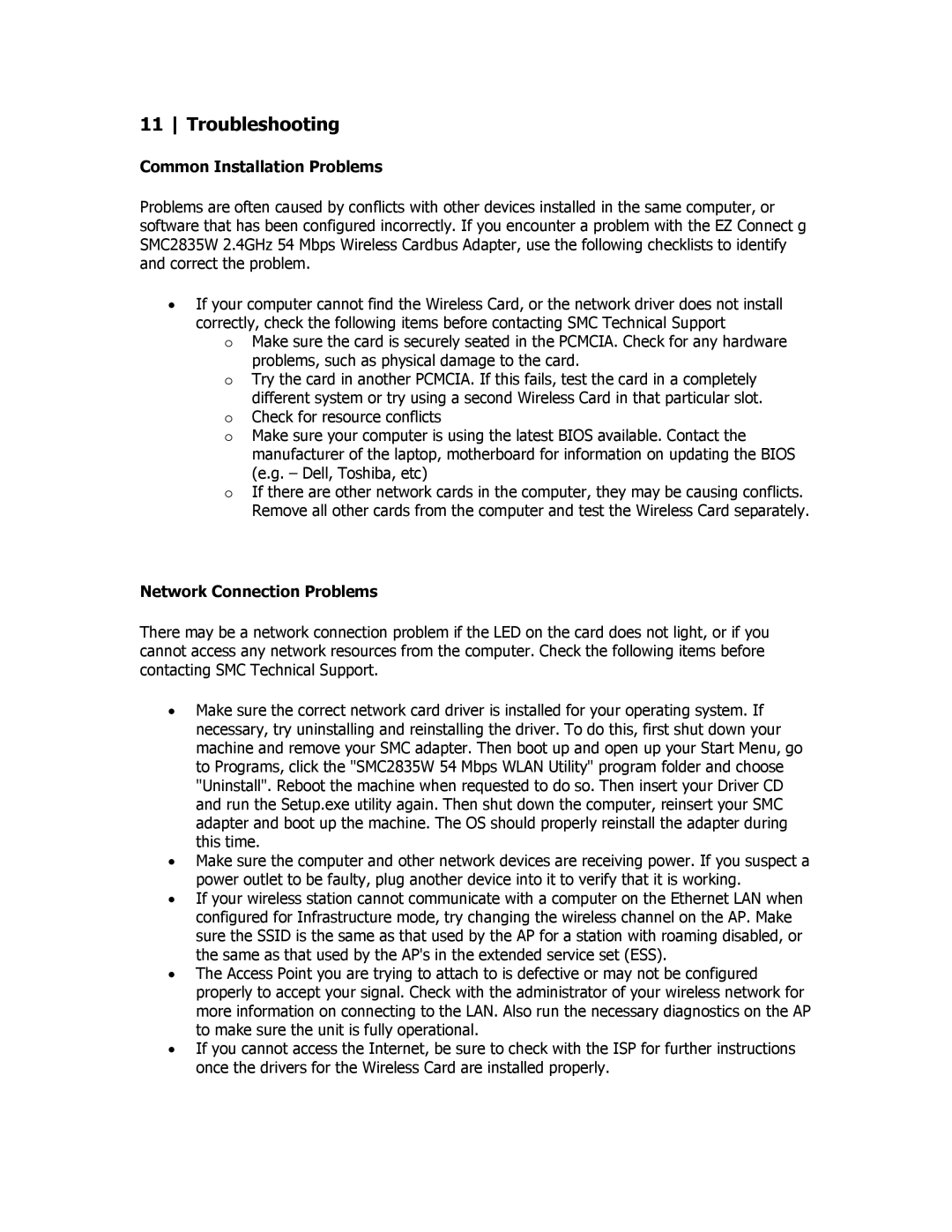 SMC Networks SMC2835W manual Troubleshooting, Common Installation Problems, Network Connection Problems 