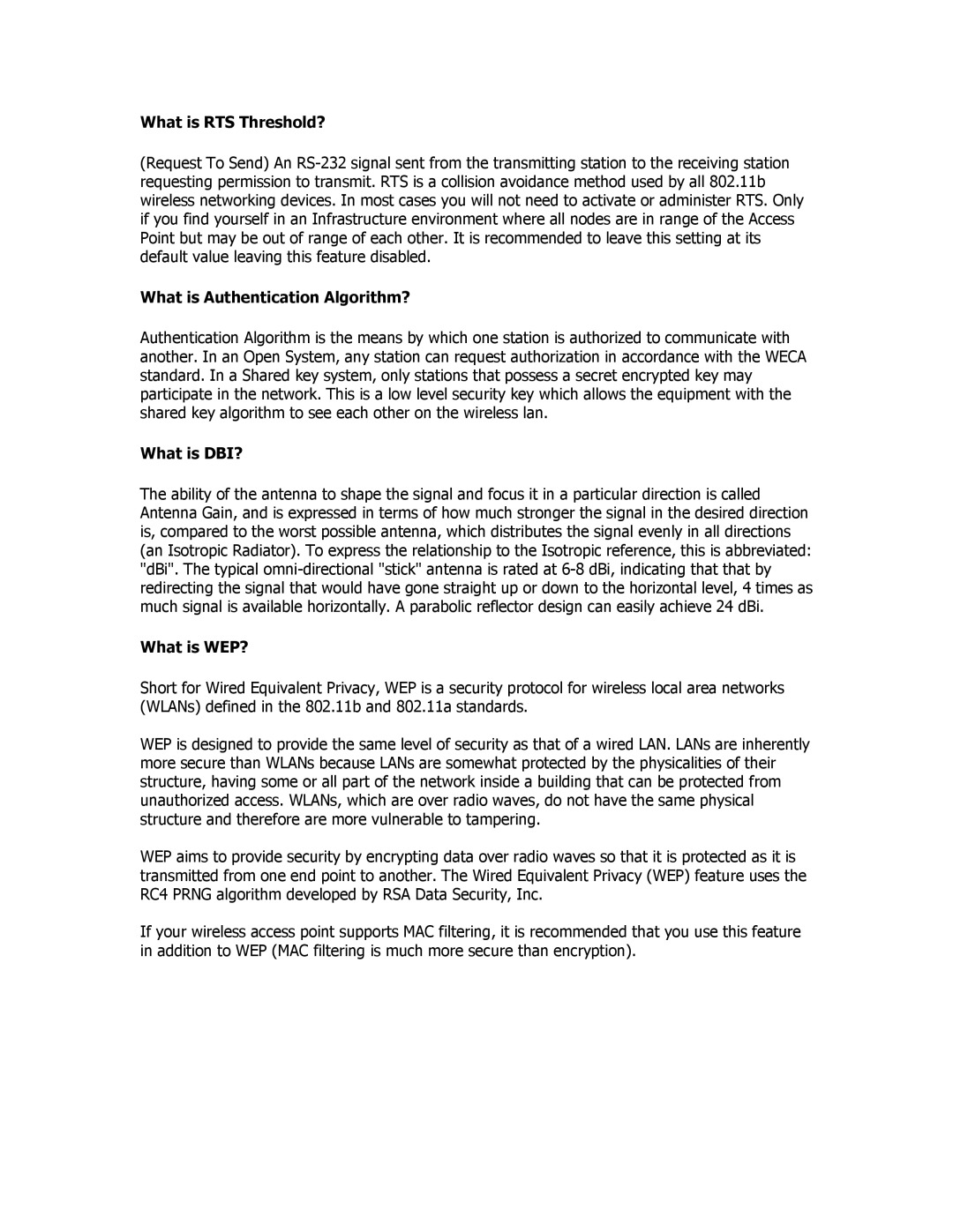 SMC Networks SMC2835W manual What is RTS Threshold?, What is Authentication Algorithm?, What is DBI?, What is WEP? 