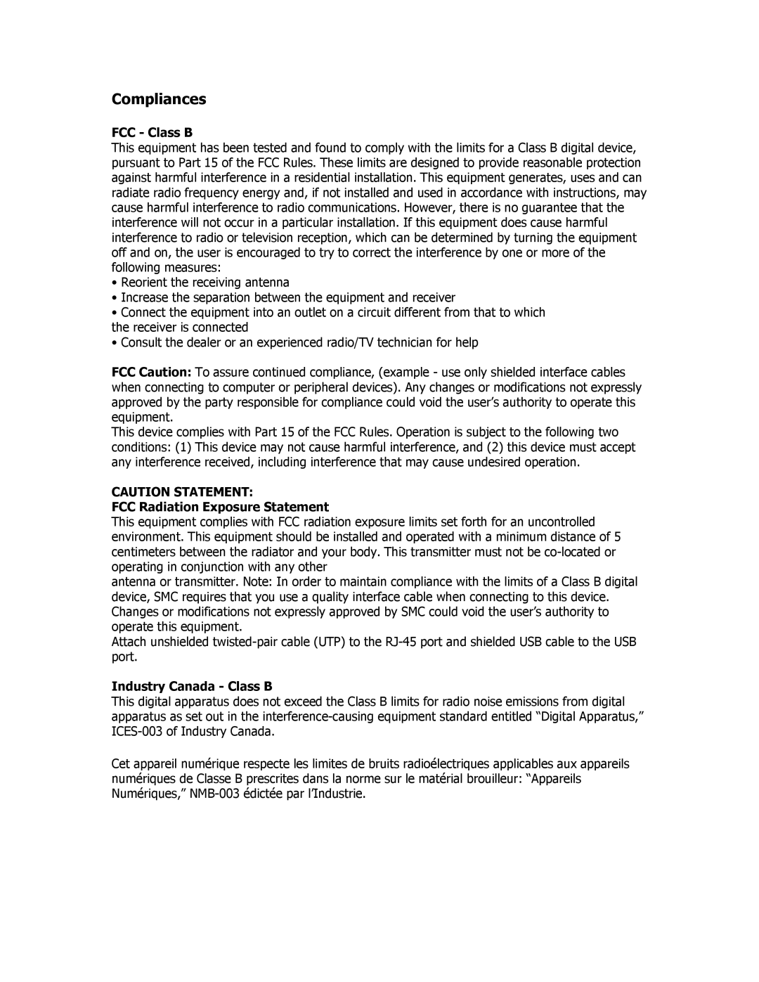 SMC Networks SMC2835W manual Compliances, FCC Class B, FCC Radiation Exposure Statement, Industry Canada Class B 