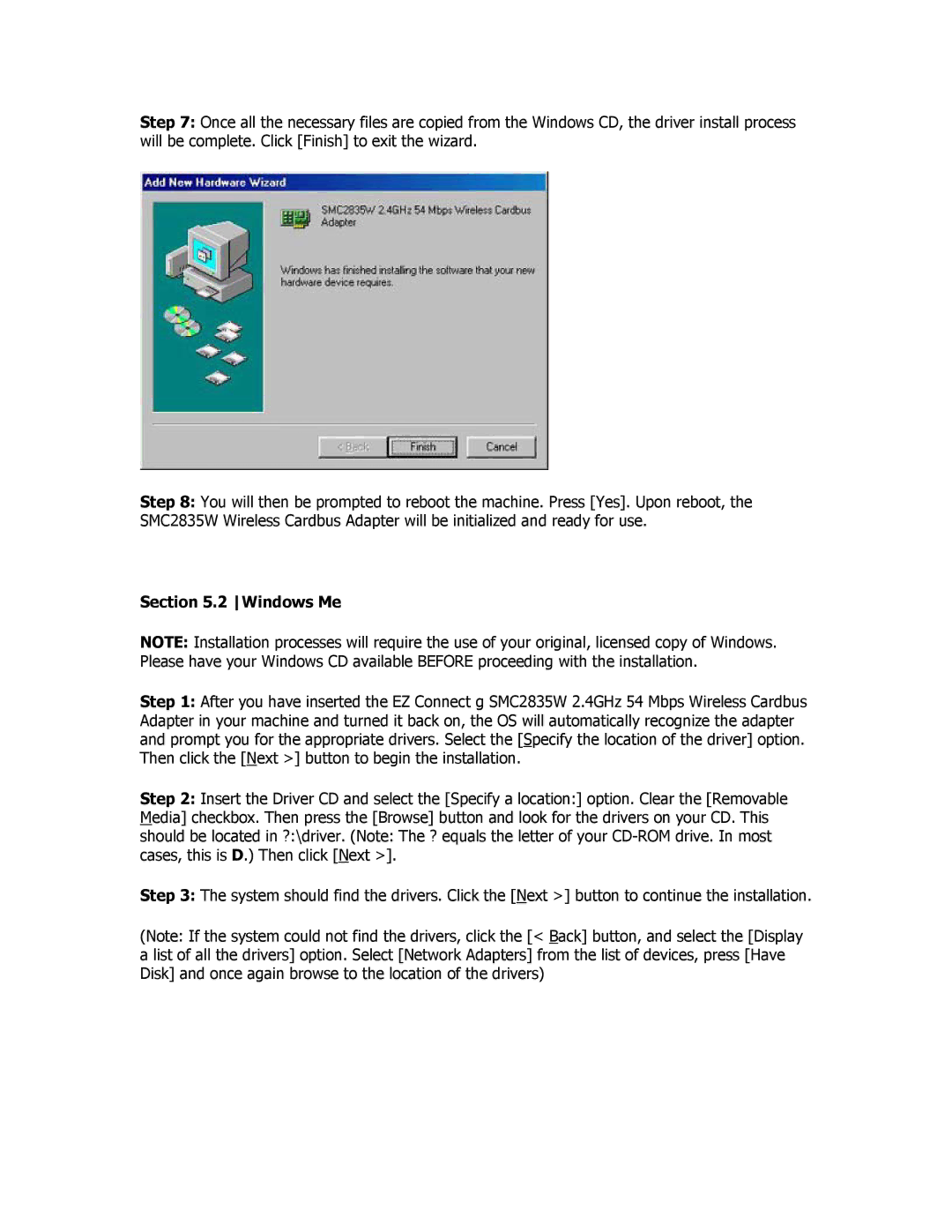 SMC Networks SMC2835W manual Windows Me 