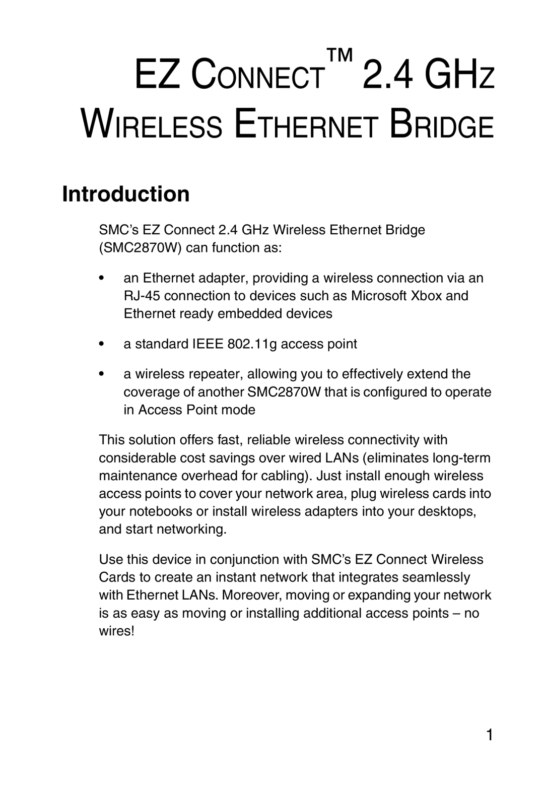 SMC Networks SMC2870W manual Wireless Ethernet Bridge, Introduction 