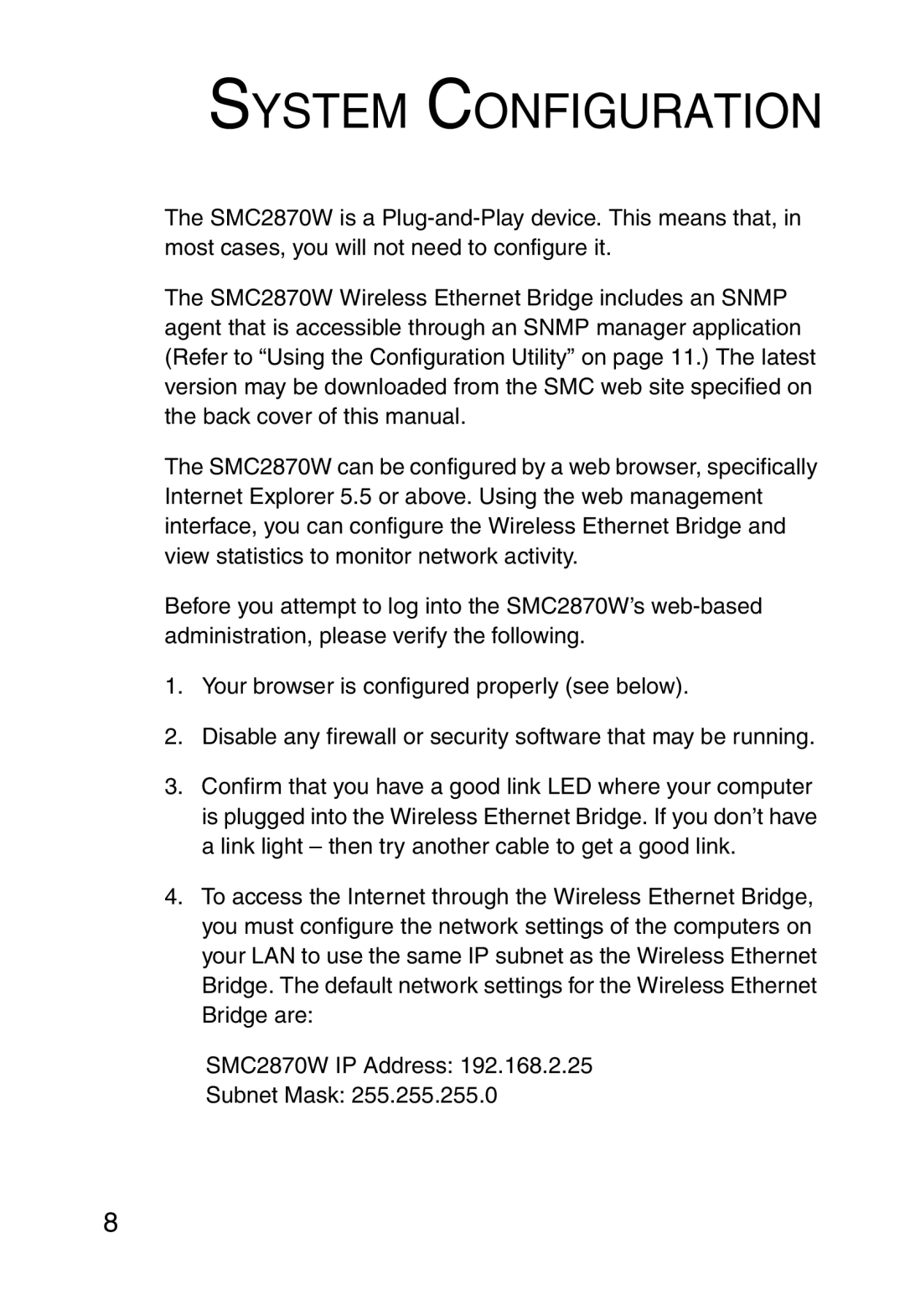 SMC Networks SMC2870W manual System Configuration 