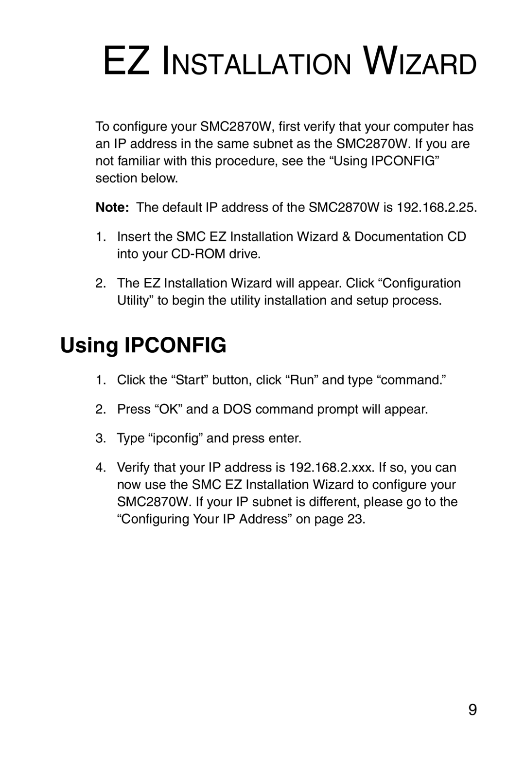 SMC Networks SMC2870W manual EZ Installation Wizard, Using Ipconfig 