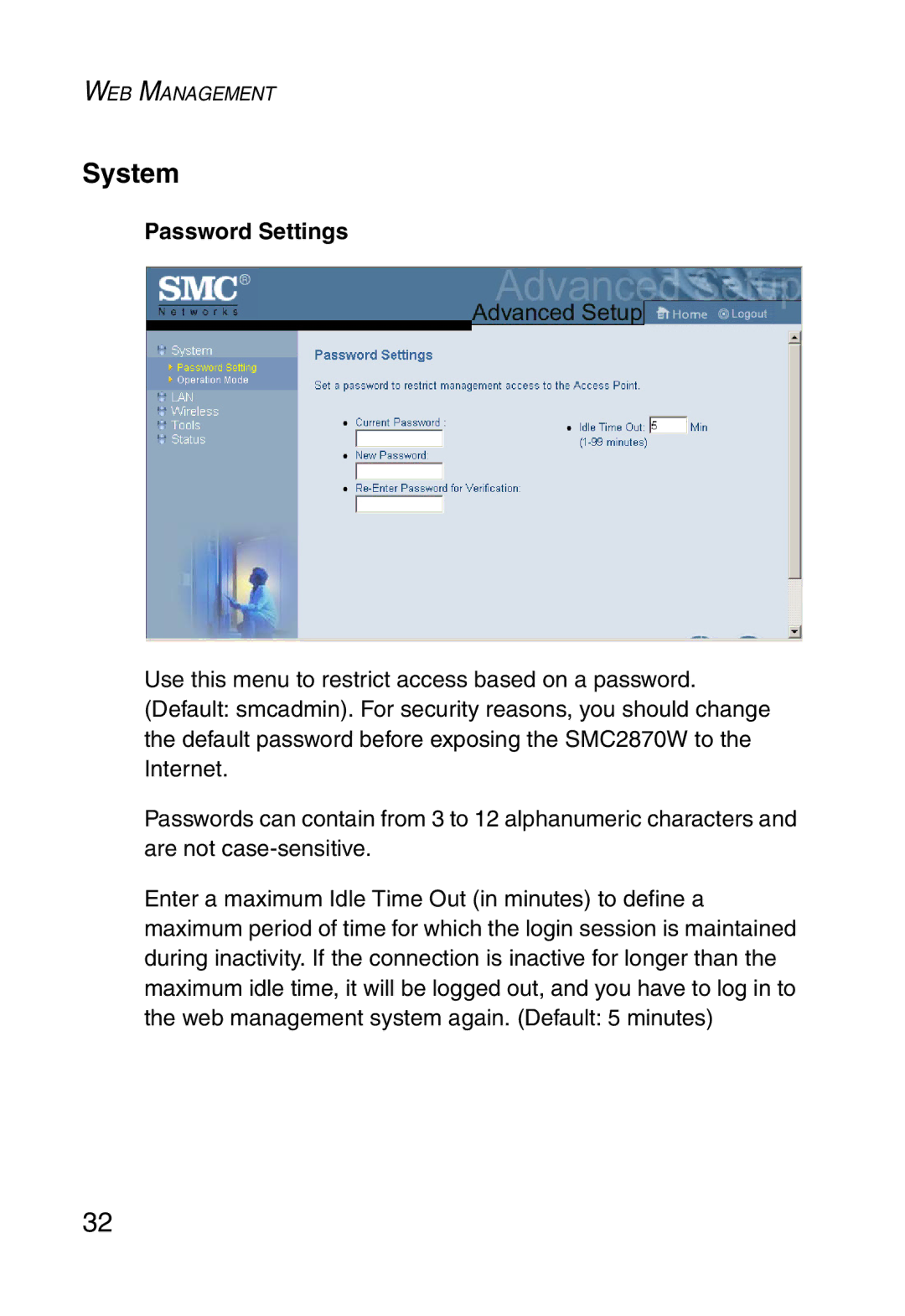 SMC Networks SMC2870W manual System, Password Settings 